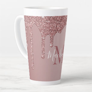Rose Gold Sparkle Dripping Glitter Monogram Latte Mug
