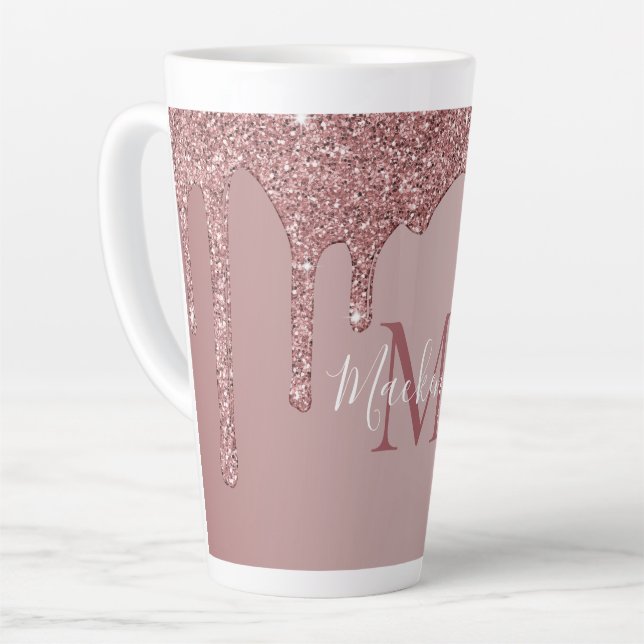 Rose Gold Sparkle Dripping Glitter Monogram Latte Mug (Left Angle)