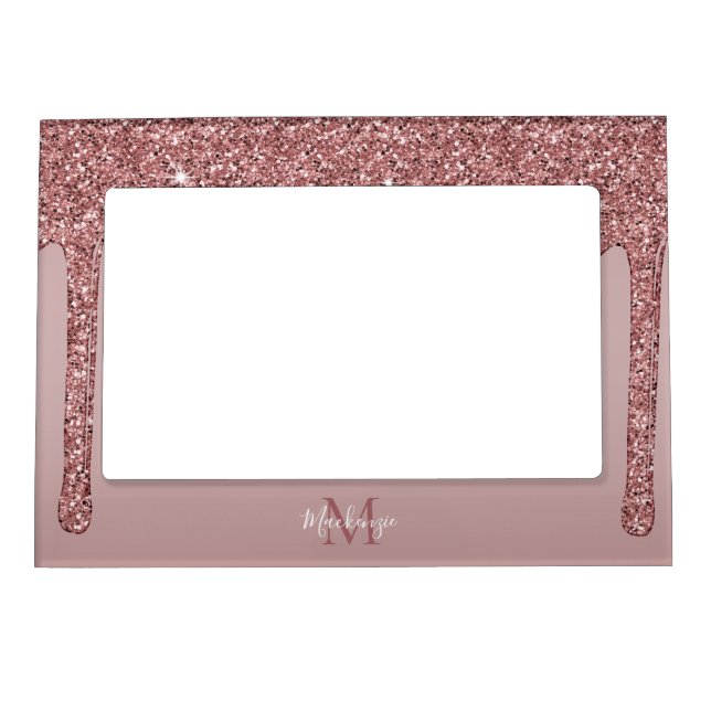Rose Gold Sparkle Dripping Glitter Monogram Magnetic Frame (Front)