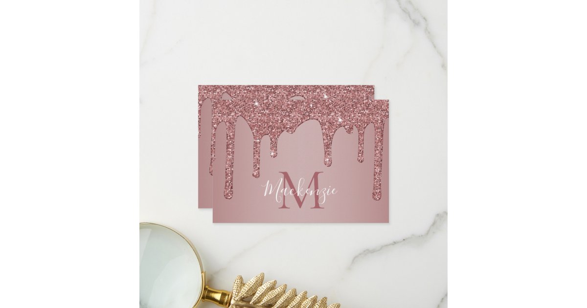 Rose Gold Sparkle Dripping Glitter Monogram Thank You Card | Zazzle