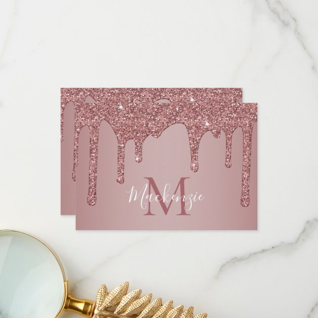 Rose Gold Sparkle Dripping Glitter Monogram Thank You Card (Front/Back In Situ)