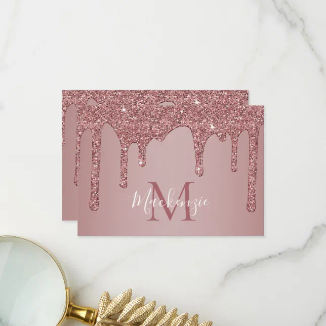 Rose Gold Sparkle Dripping Glitter Monogram Thank You Card | Zazzle