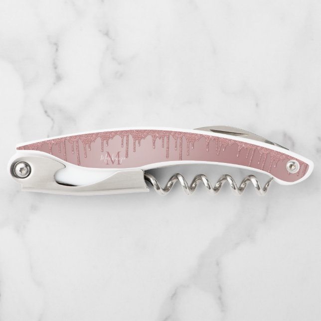 Rose Gold Sparkle Dripping Glitter Monogram Waiter's Corkscrew (Front)