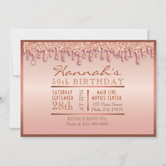 Rose Gold Sparkle Drippy Drip 50TH Birthday Party  Invitation (Front)