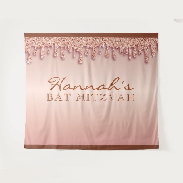 Rose Gold Sparkle Drippy Drip Bat Mitzvah Backdrop (Front (Horizontal))