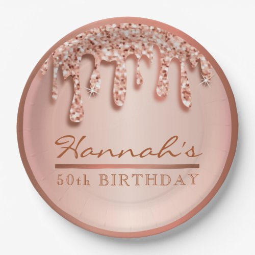 Rose Gold Sparkle Drippy Drip Birthday Party  Paper Plates