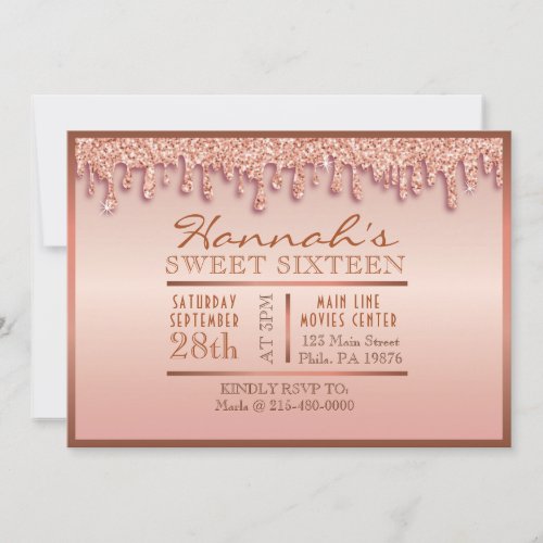 Rose Gold Sparkle Drippy Drip Sweet Sixteen Party Invitation
