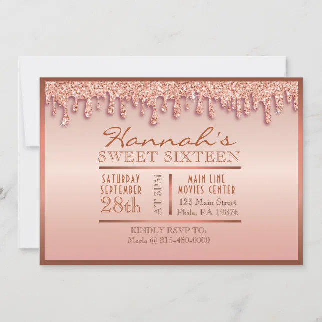 Rose Gold Sparkle Drippy Drip Sweet Sixteen Party Invitation Zazzle