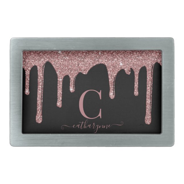 Rose Gold Sparkle Drips Monogram on Black Belt Buckle (Front)