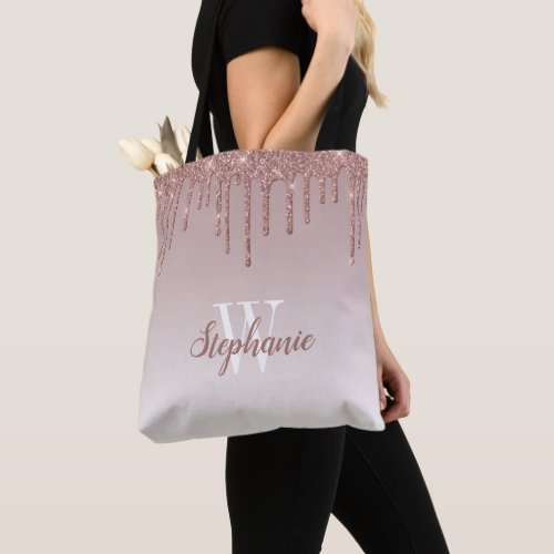 Rose Gold Sparkle Faux Glitter Monogram Tote Bag