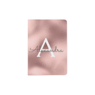 Rose Gold Sparkle Foil Monogram Name Passport Holder