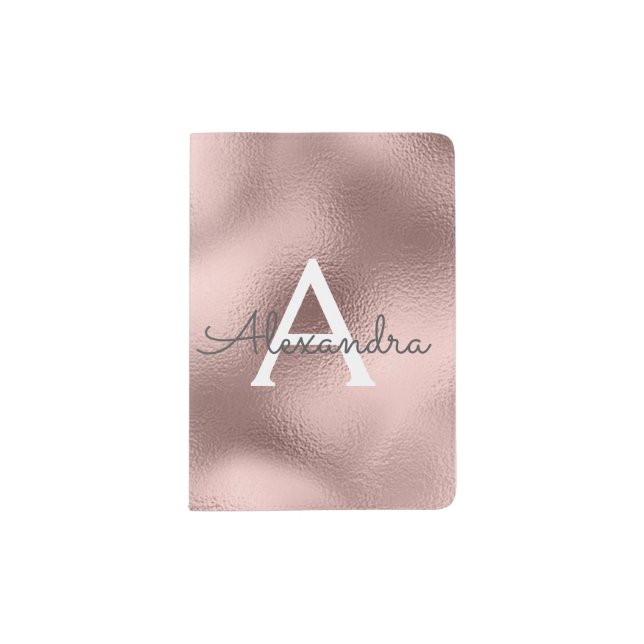 Rose Gold Sparkle Foil Monogram Name Passport Holder (Front)