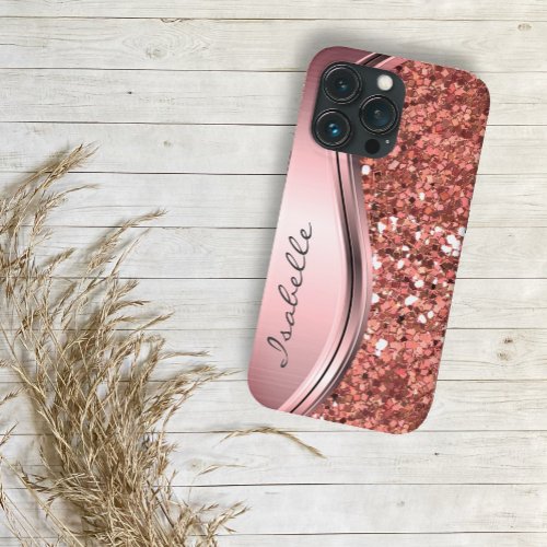 Rose Gold Sparkle Glam Bling Personalized Metal Case_Mate iPhone 14 Plus Case