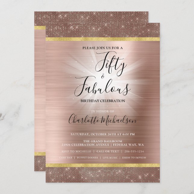 Rose Gold Sparkle Glam Fifty & Fabulous Birthday Invitation (Front/Back)