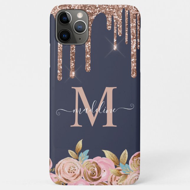 Rose Gold Sparkle Glam Glitter Drips Monogram Case (Back)