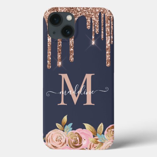 Rose Gold Sparkle Glam Glitter Drips Monogram iPhone 13 Case