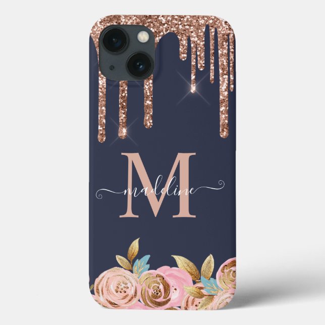Rose Gold Sparkle Glam Glitter Drips Monogram Case-Mate iPhone Case (Back)