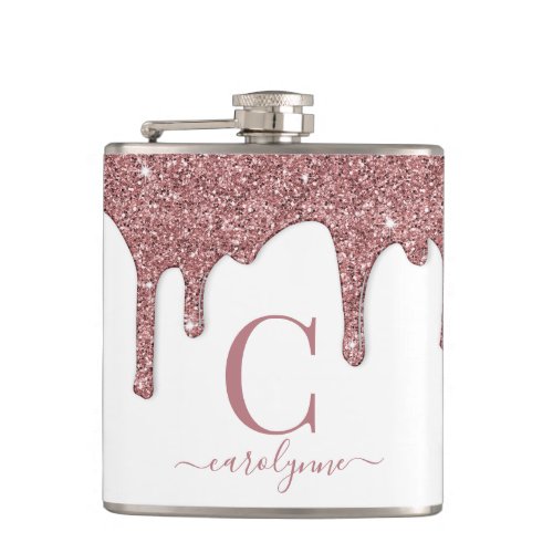 Rose Gold Sparkle Glam Glitter Drips Monogram Flask