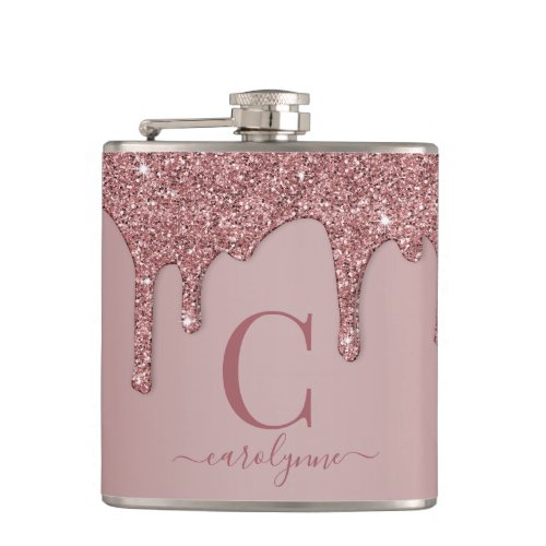 Rose Gold Sparkle Glam Glitter Drips Monogram Flask