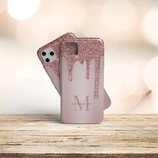 Rose Gold Sparkle Glam Glitter Drips Monogram iPhone Case Zazzle