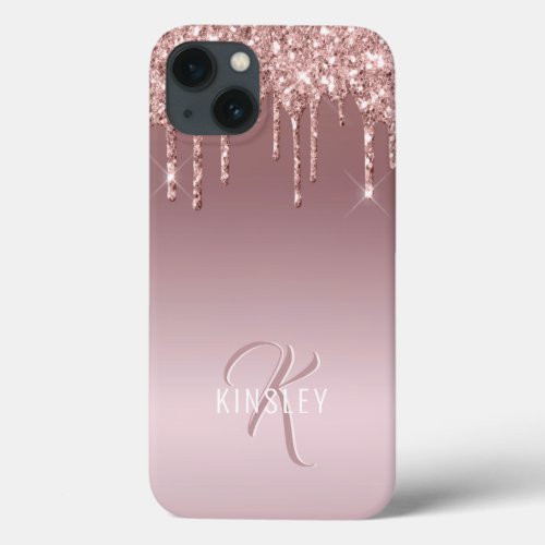 Rose Gold Sparkle Glam Glitter Drips Monogram Name iPhone 13 Case