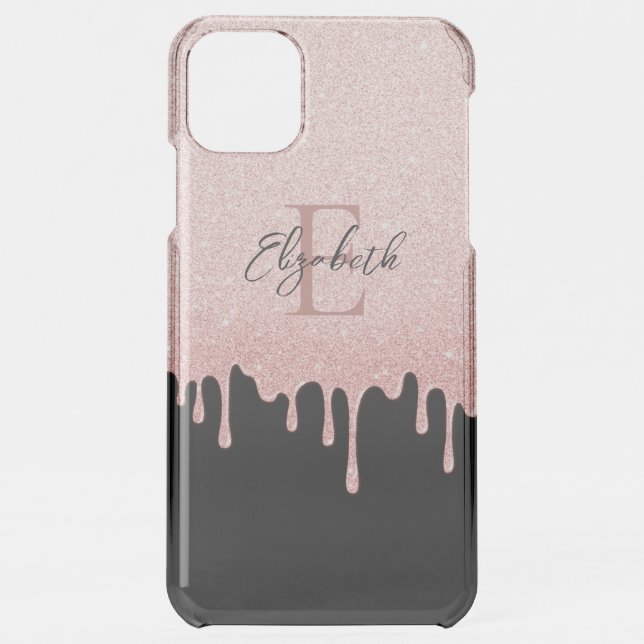 Rose Gold Sparkle Glam Glitter Drips Monogram Uncommon iPhone Case (Back)