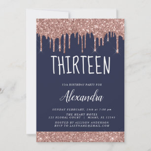 Rose Gold Sparkle Glitter 13th Thirteen Birthday Invitation