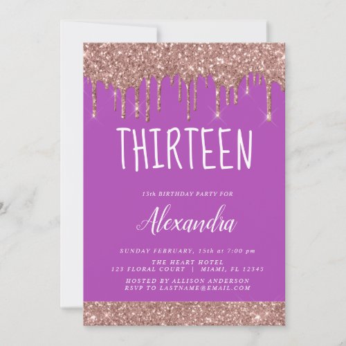 Rose Gold Sparkle Glitter 13th Thirteen Birthday Invitation