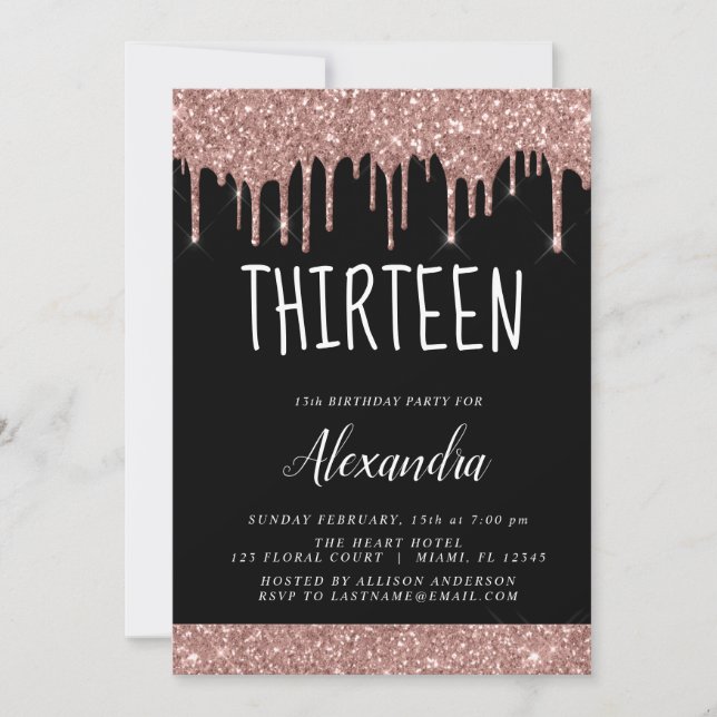 Rose Gold Sparkle Glitter 13th Thirteen Birthday Invitation (Front)