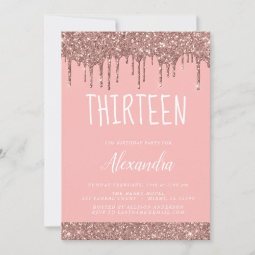 Rose Gold Sparkle Glitter 13th Thirteen Birthday Invitation