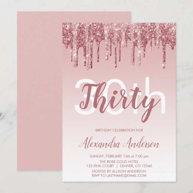 Rose Gold Sparkle Glitter 30th Birthday Party Invitation (Front/Back)