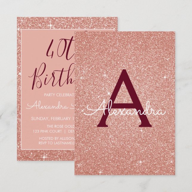 Rose Gold Sparkle Glitter 40th Birthday Party Invitation (Front/Back)