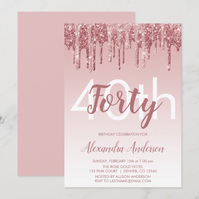 Rose Gold Sparkle Glitter 40th Birthday Party Invitation (Front/Back)