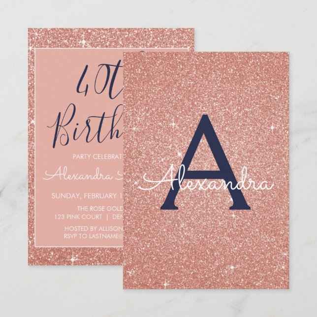 Rose Gold Sparkle Glitter 40th Birthday Party Invitation (Front/Back)