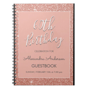 Rose Gold Sparkle Glitter 60th Birthday Guestbook Notebook