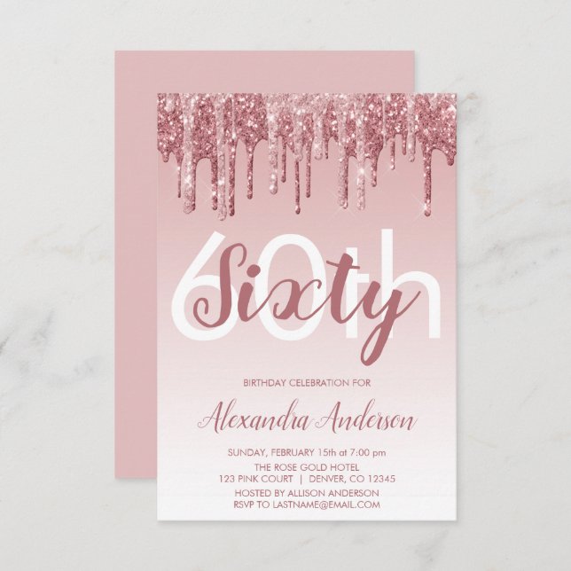 Rose Gold Sparkle Glitter 60th Birthday Party Invitation (Front/Back)