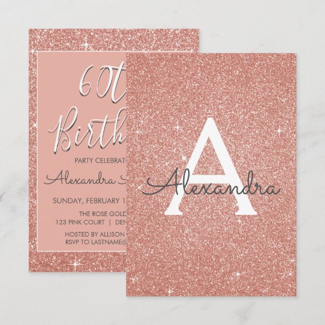 Rose Gold Sparkle Glitter 60th Birthday Party Invitation (Front/Back)
