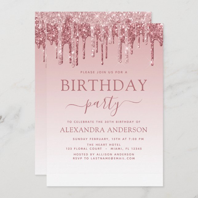 Rose Gold Sparkle Glitter Any Age  Birthday Invitation (Front/Back)