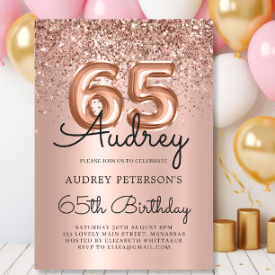 Rose Gold Sparkle Glitter Balloon 65th Birthday Invitation