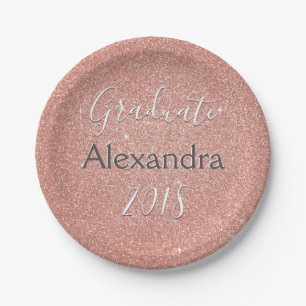 Rose Gold Sparkle Glitter Class of Graduation Paper Plates