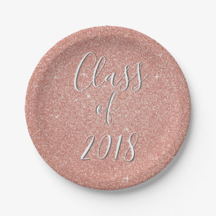 Rose Gold Sparkle Glitter Class of Graduation Paper Plates