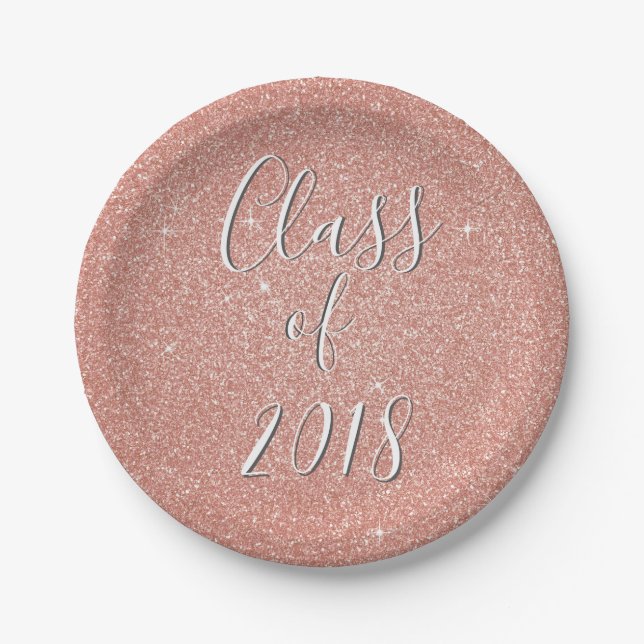 Rose Gold Sparkle Glitter Class of Graduation Paper Plates (Front)