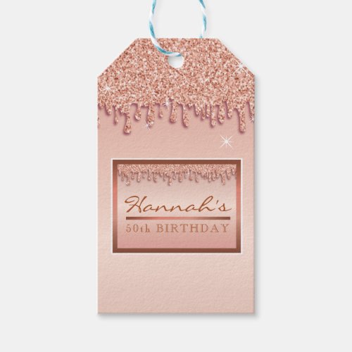 Rose Gold Sparkle Glitter Drip Birthday Gift Box Gift Tags