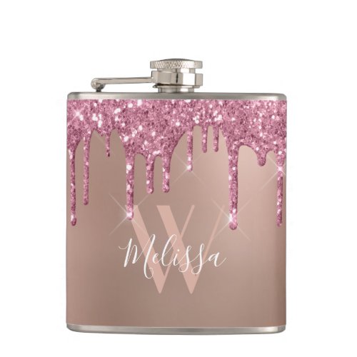 Rose Gold Sparkle Glitter Drip Blush Pink Monogram Flask