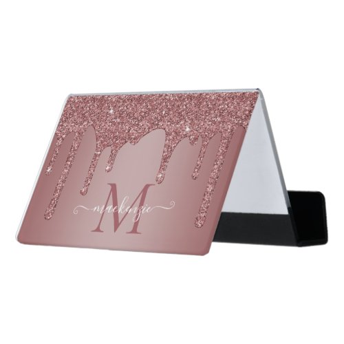 Rose Gold Sparkle Glitter Drip Luxury Monogram Desk Business Card Holder