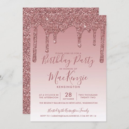 Rose Gold Sparkle Glitter Drips Any Year Birthday  Invitation