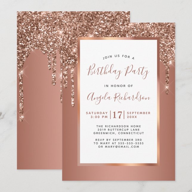 Rose Gold Sparkle Glitter Drips Birthday Party Invitation (Front/Back)