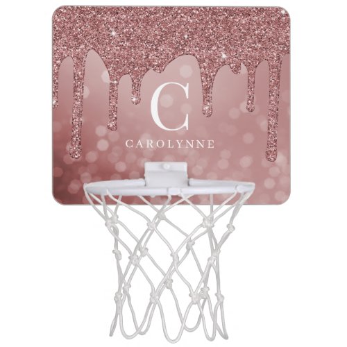 Rose Gold Sparkle Glitter Drips Bokeh Monogram Mini Basketball Hoop