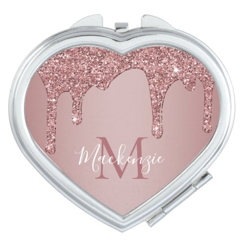 Rose Gold Sparkle Glitter Drips Heart Monogram Compact Mirror