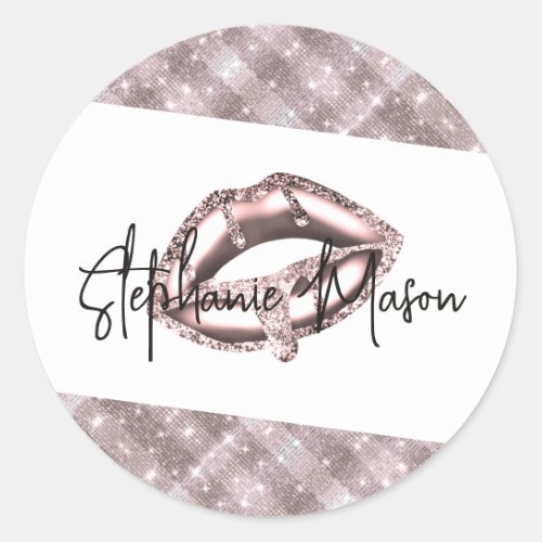 Rose Gold Sparkle Glitter Drips Lips Makeup Artist Classic Round Sticker